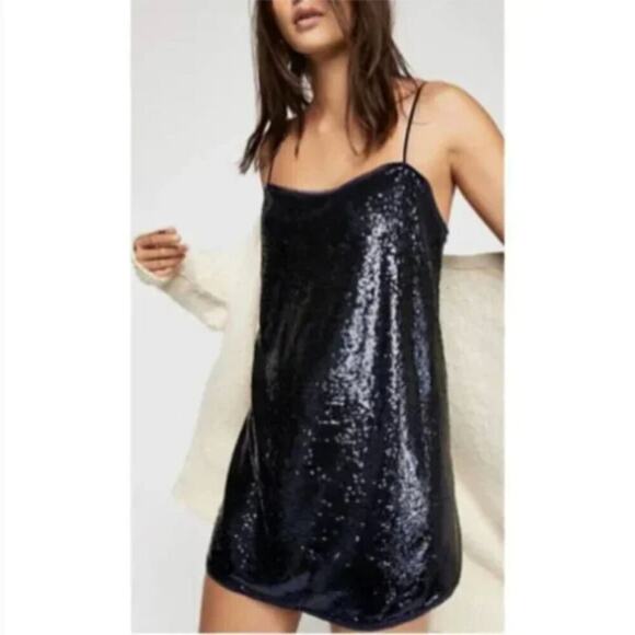 Free People Time to Shine Navy Sequin Mini Slip Dress - Picture 1 of 9